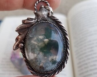 Moss agate sterling silver pendant with starfish