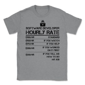 Puede incluir: Una camiseta gris con texto negro que dice "Software Developer Hourly Rate" y enumera diferentes tarifas por hora con descripciones correspondientes. Las descripciones incluyen "Est&aacute;ndar", "Si miras", "Si ayudas", "Si trabajaste en ello primero", y "Si me dices c&oacute;mo hacer mi trabajo".