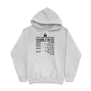 Puede incluir: Una sudadera con capucha gris con un gr&aacute;fico negro que dice "SOFTWARE DEVELOPER HOURLY RATE" con una lista de tarifas por hora y descripciones para cada tarifa.