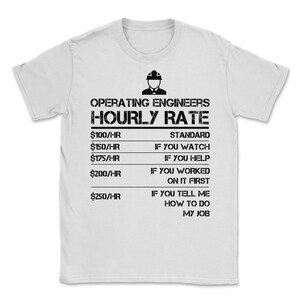 Può includere: Maglietta bianca con testo nero che recita "OPERATING ENGINEERS HOURLY RATE" e un elenco di tariffe orarie con i relativi compiti. Le tariffe sono: 100 €/h, 150 €/h, 175 €/h, 200 €/h e 250 €/h.