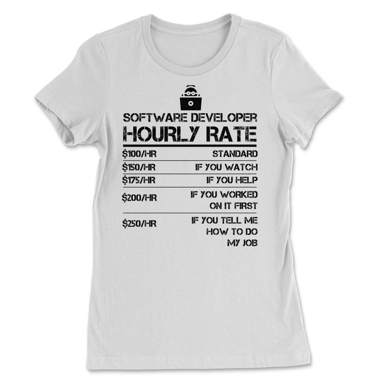 Puede incluir: Una camiseta blanca con texto negro que dice "SOFTWARE DEVELOPER HOURLY RATE" y enumera diferentes tarifas por hora seg&uacute;n el nivel de ayuda proporcionado. Las tarifas son de 100 &euro;/H, 150 &euro;/H, 175 &euro;/H, 200 &euro;/H y 250 &euro;/H.