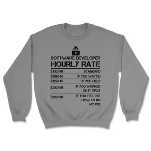 Puede incluir: Una sudadera gris con un gr&aacute;fico humor&iacute;stico que dice "Tasa horaria del desarrollador de software" con una lista de precios para diferentes niveles de asistencia.