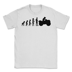 May include: A white t-shirt with a black silhouette of the evolution of man, ending with a person riding an ATV.