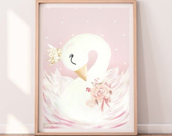 Swan Princess Print Downloadable Prints Pink Art Nursery Decor Painting Illustration Sleeping Baby Kid Girl Room Printable Flower Blush Gold