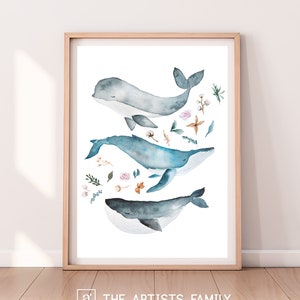 Whales Flowers Downloadable Prints Blue Ocean Water Color Painting Illustration Marine Sea Posters Kids Boys Girls Nursery Nautical Animals