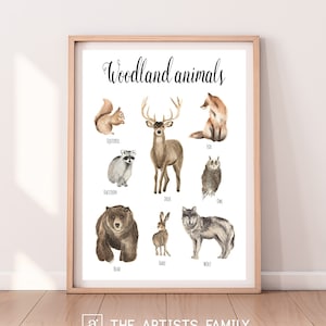 Woodland Animals Downloadable Prints WaterColor Montessori Educational Posters Kids Boys Girls Children Rooms Learning Painting Illustration