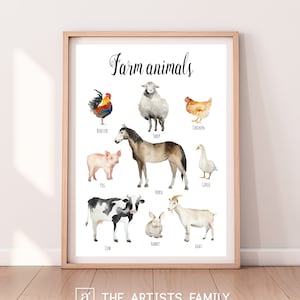 Farm Animals Downloadable Prints WaterColor Montessori Educational Posters Kids Boys Girls Children Rooms Learning Painting Illustration