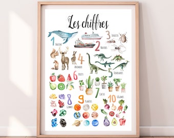 Les Chiffres Français Educative Français Tirages à l’aquarelle Montessori Affiches pour enfants Chambres d’enfants Numéros d’apprentissage Compte
