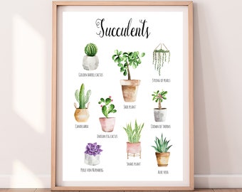 Succulents Cacti Downloadable Prints Water Color Montessori Educational Posters For Kids Boys Girls Children Room Learning Home School