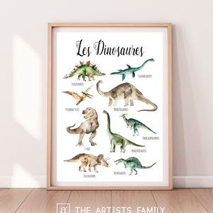 Les Dinosaures French Educative Downloadable Prints WaterColor Montessori Educational Posters Kid Boy Girl Children Room Learning