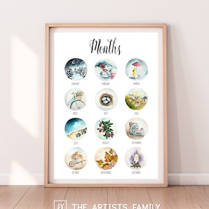 MONTHS Downloadable Prints Watercolor Montessori Educational Poster Kids Children Room Learning Painting Wall Art Decor Nursery Seasons