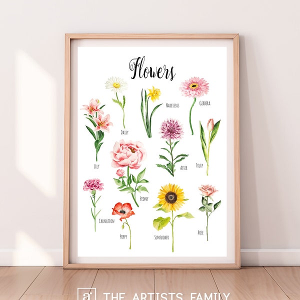 FLOWERS Downloadable Prints Watercolor Montessori Educational Poster Kids Boys Girls Children Rooms Learning Illustration Homeschool Rose