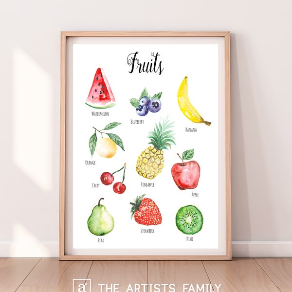 Fruits Downloadable Prints Water Color Montessori Educational Poster Kids Children Room Learning Painting Food Kitchen Berries Garden
