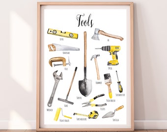 HAND TOOLS Construction Downloadable Prints Watercolor Montessori Educational Posters Kids Boys Children Learning Homeschool Preschool