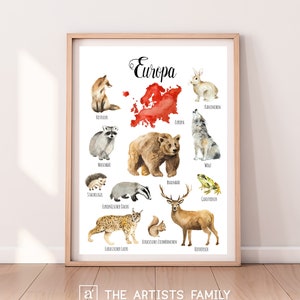 EUROPA Kontinentale Tiere Downloadable Prints Watercolor Montessori Educational Kids Children Learning German Herunterladbar Deutscher Druck