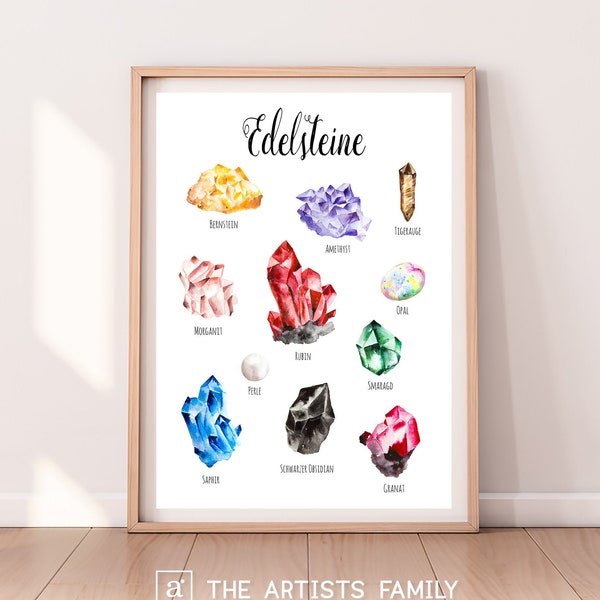 Edelsteine Downloadable Prints Watercolor Montessori Educational Posters Kids Learning Homeschool German Herunterladbar Deutscher Druck