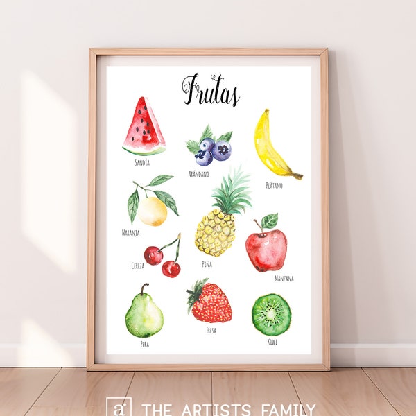 Frutas Espanol Spanish Downloadable Prints Acuarela Montessori Niños Educativos que Aprenden a Pintar Guardería Impresos Descargables