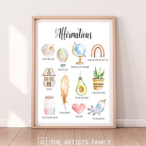 Affirmations Mindful Positive Thinking Downloadable Prints Watercolor Montessori Educational Poster Kids Children Rooms Learning Homeschool