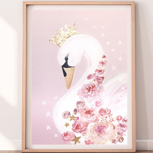 Swan Princess Print Downloadable Prints Pink Art Nursery Decor - Etsy