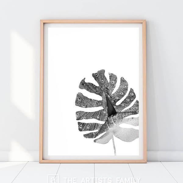 Monstera Leaf Peacock Bird Downloadable Prints Botanical Wall Art Decor Black White Photography Minimal Minimalist Tropical Plant Printable