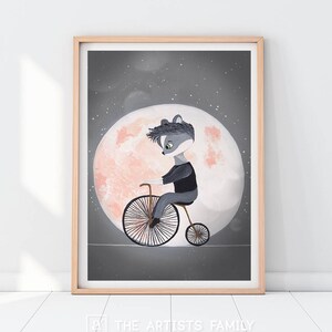 Raccoon Print Downloadable Prints Celestial Nursery Decor Moon Painting Lunar Wall Art Galactic Kids Room Print Cosmic Printable Dark Grey