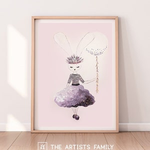 Blush Pink Rabbit Dancer Ballerina Balloon Downloadable Prints Painting Illustration Wall Art Nursery Decor Kids Girls Baby Room Printable