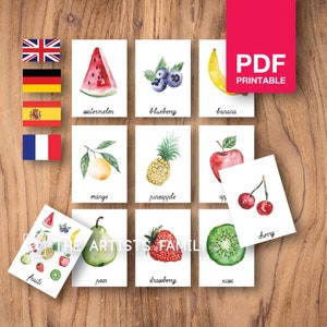 FRUITS Cards Watercolor Montessori Nomenclature Flash 3 Part Educational Material Homeschooling Printable PDF Learning German Spanish French