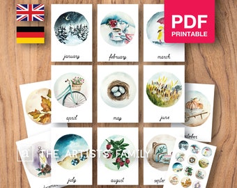 MONTHS Cards Watercolor Montessori Nomenclature Flash 3 Parts Educational Material Homeschooling Printable Learning German PDF Year For Kids