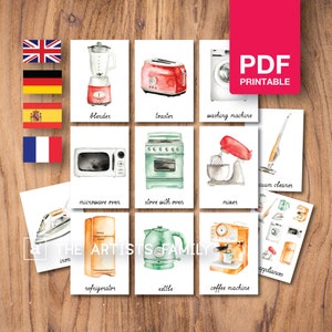 HOME APPLIANCES Card Material Montessori Nomenclature Flash 3 Part Educational Homeschool Printable Watercolor German Spanish French