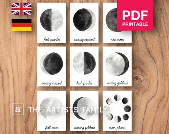 MOON PHASES Card Material Montessori Nomenclature Flash 3 Parts Educational Homeschooling Printable Learning German Deutsche Watercolor Mond