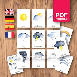 WEATHER 12 Cards Watercolor Montessori Nomenclature Flash 3 Part Educational Material Homeschooling Printable Learning German Spanish French