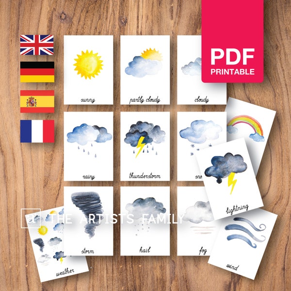 WEATHER 12 Karten Aquarell Montessori Nomenklatur Flash 3 Teil Lernmaterial Homeschooling Printable Lernen Deutsch Spanisch Französisch