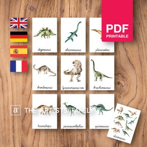 DINOSAURS Card Material Montessori Nomenclature Flash 3 Parts Educational Homeschool Printable Learning German Spanish French Watercolor PDF