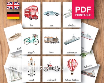 Transport Card Material Montessori Nomenclature Flash 3 Parts Educational Homeschooling Printable Learning German Watercolor Vehicles Cars