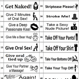 May include: A black and white printable game card with 48 different dares and challenges. The card is divided into two columns with numbers 1-48 on the left and the dares on the right. The dares are written in black text and include phrases like "Blow Me!" and "Get Naked!"