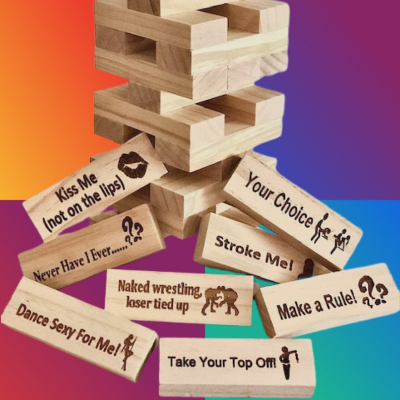 party blox stacking game with block phrases such as naked wrestling loser tied up and dance sexy for me and take your top off and stroke me truth or dare game for adults truth or dare for couples adult couple games adult games for couples naughty