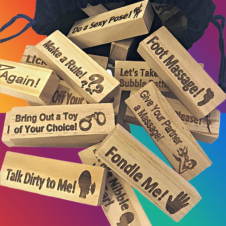 adult party game wood blocks with engaved text on each with drawstring velvet bag text includes make a rule foot massage talk dirty to me go again bring out a toy of your choice adult sex game bedroom game bedroom games couples