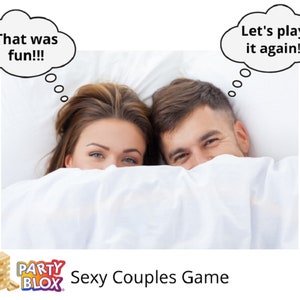 happy couple laying in bed under covers all in white with captions which read that was fun and lets play it again party blox logo sexy couples game adult sex game bedroom game bedroom games couples game erotic gift idea fun for couples gift