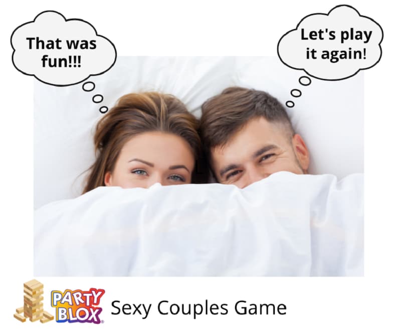 happy couple laying in bed under covers all in white with captions which read that was fun and lets play it again party blox logo sexy couples game adult sex game bedroom game bedroom games couples game erotic gift idea fun for couples gift