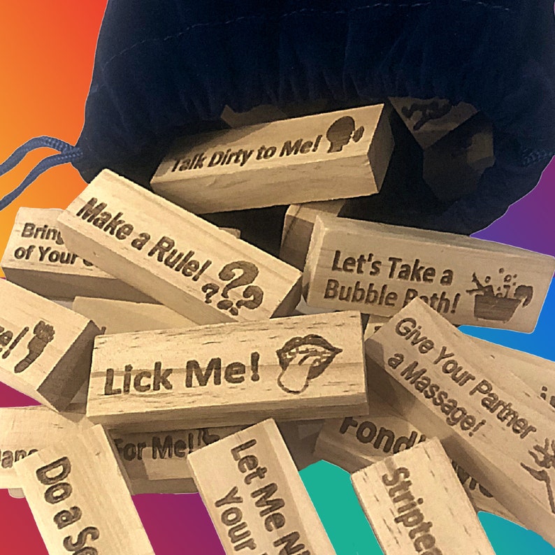 drawstring velvet bag spilling out wood blocks engraved phrases like lick me make a rule lets take a bubble bath give your partner a message gifts for him date night gifts player games board games for  players couplicious game person games