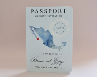 Passport Wedding Invitation with Custom Map and RSVP Luggage Tag, destination wedding, travel theme wedding stationery, abroad wedding