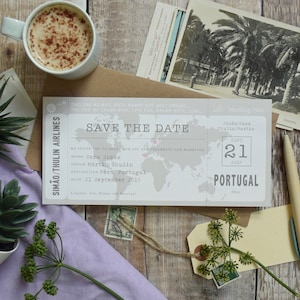 Guardar la fecha de la tarjeta de embarque, boda de destino, papelería de boda con tema de viaje, boda en el extranjero. Boda de viaje. Invitación a la tarjeta de embarque.