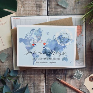 Kaart Save the Date-briefkaart, bestemming bruiloft briefpapier, aangepaste kaart bruiloft, reisthema bruiloft briefpapier, bruiloft in het buitenland