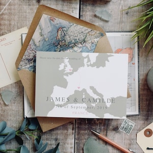 Kaart Save the Date-briefkaart, bestemming bruiloft briefpapier, aangepaste kaart bruiloft, reisthema bruiloft briefpapier, bruiloft in het buitenland