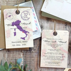 Grote huwelijksuitnodiging in vintage stijl bagagelabel, briefpapier van het bestemmingshuwelijk, bruiloft op maatkaart, briefpapier met reisthema.