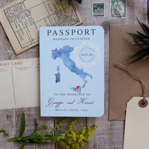 Passport Map Watercolour Style Wedding Invitation