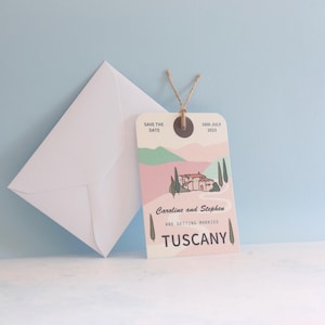 Toscane, étiquette de bagage de papeterie de mariage « Save the Date » italienne/papeterie de mariage personnalisée/étiquette d'illustration de lieu « Save the date »