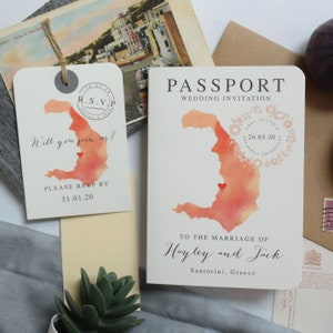 Paspoorthuwelijksuitnodiging met aangepaste kaart en RSVP-bagagelabel, bestemmingshuwelijk, reisthema bruiloft briefpapier, bruiloft in het buitenland