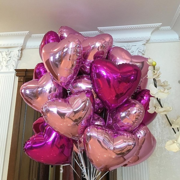 Heart Foil Balloon Bouquet, Party Balloons, Baby, Wedding, Decor, Bride, Hen, Birthday, Garland, Pink Magenta Not Inflated