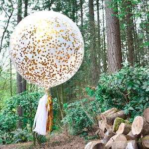 May include: A large, clear balloon with gold confetti inside. The balloon is tied with a white and gold tassel. The balloon is in a forest setting.
